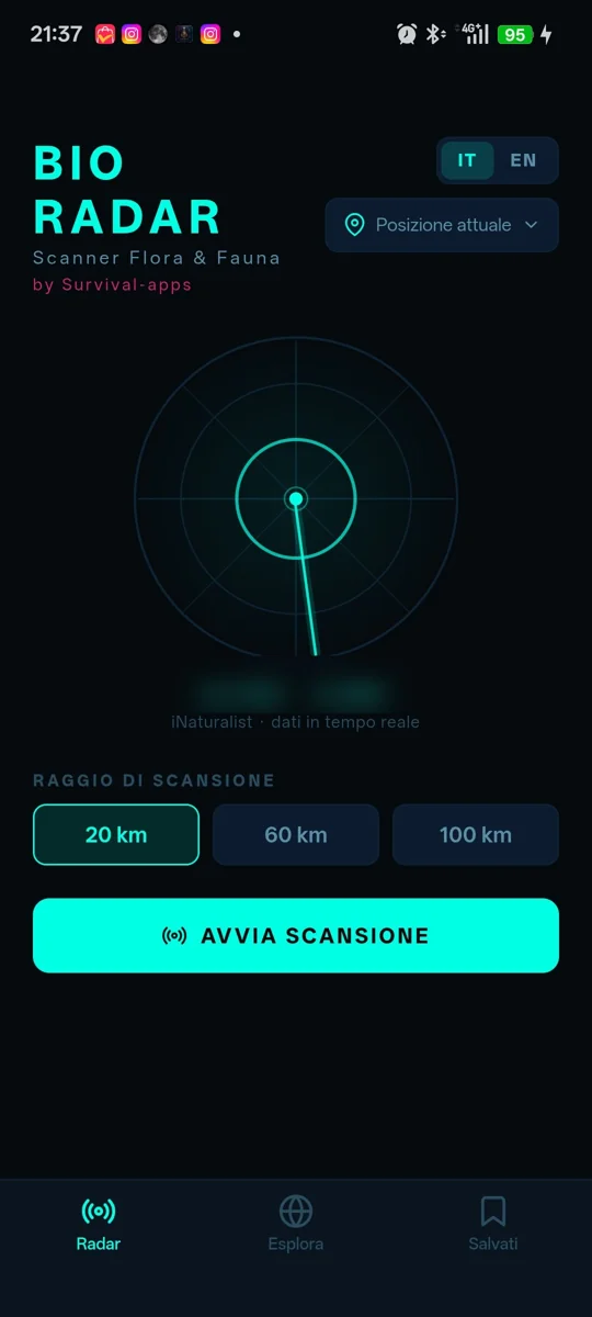Schermata principale di BioRadar: intestazione BIO RADAR, indicatore Posizione attuale, un radar circolare cyan con indicatore centrale e raggio di scansione, selettore del raggio 20/60/100 km e pulsante AVVIA SCANSIONE