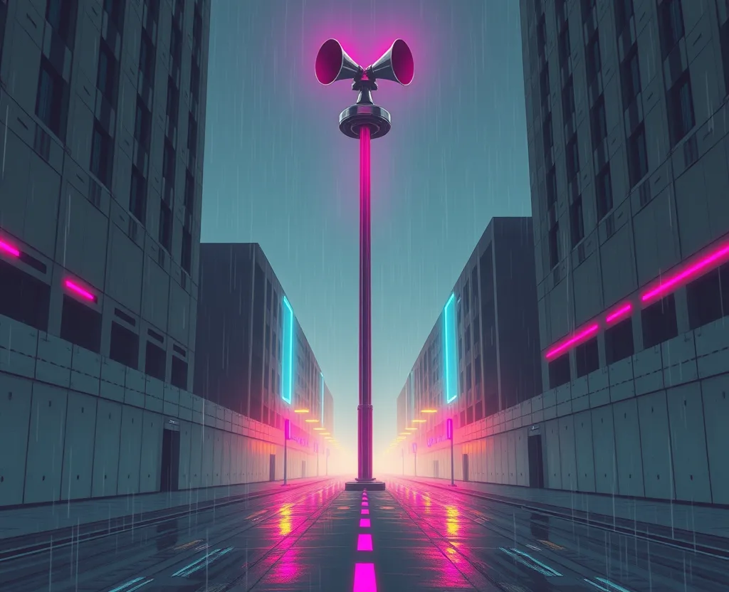 illustrazione cyberpunk in stile fumetto: un palo con altoparlanti a tromba su una strada vuota e piovosa tra torri scure, strisce di luce magenta e ciano sui muri