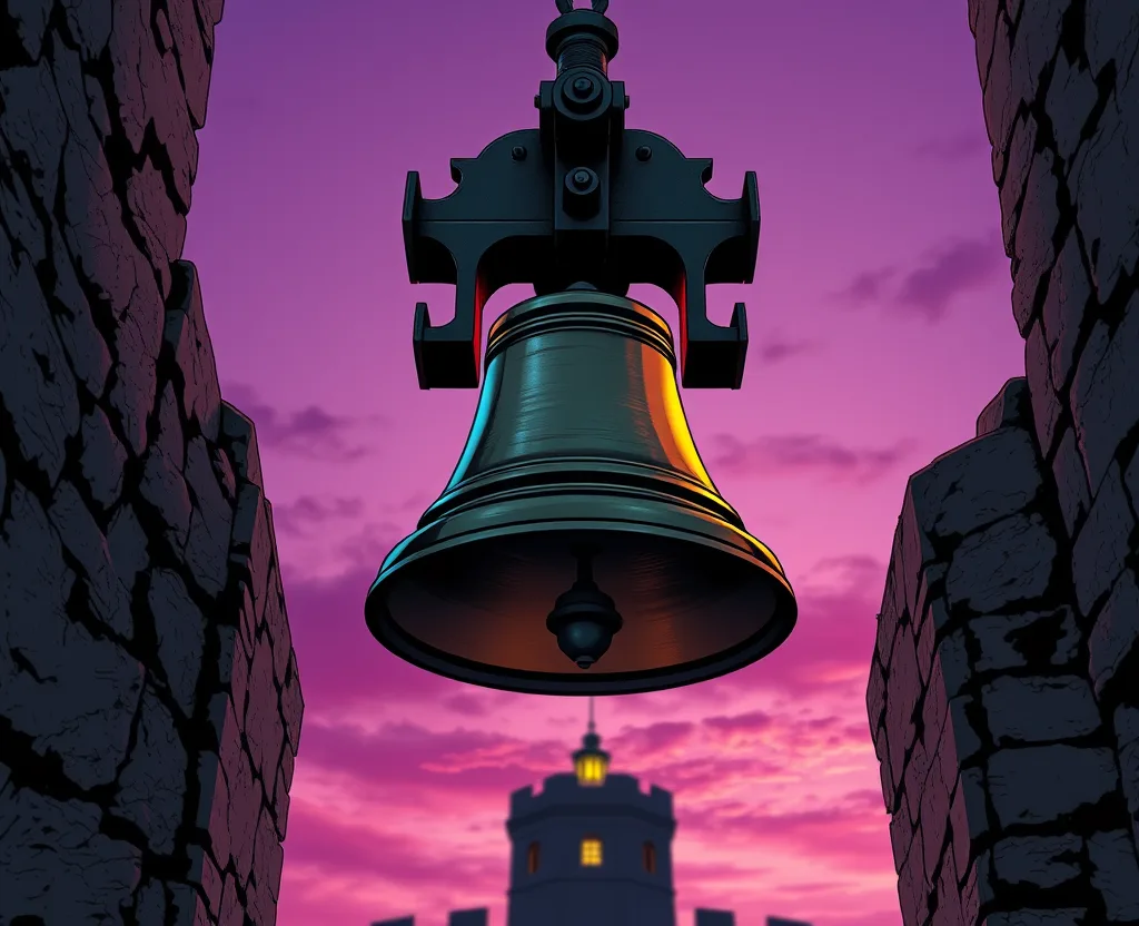 illustrazione cyberpunk in stile fumetto: una campana di bronzo sospesa in una torre di pietra al tramonto, cielo viola e un lampione giallo acceso in lontananza