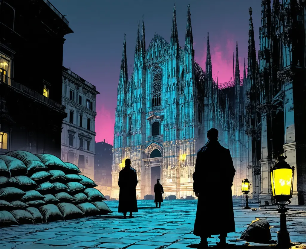 illustrazione cyberpunk in stile fumetto: la facciata del Duomo di Milano di notte in una piazza oscurata, con cumuli di sacchi di sabbia a sinistra, tre figure in cappotto lungo in silhouette e lampioni gialli accesi, cielo viola e riflessi ciano sul marmo
