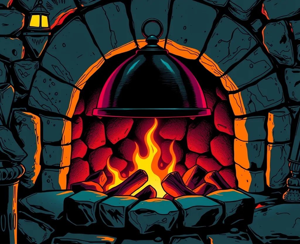 illustrazione cyberpunk in stile fumetto: un focolare di pietra con brace accesa e una copertura metallica a cupola appesa sopra le fiamme