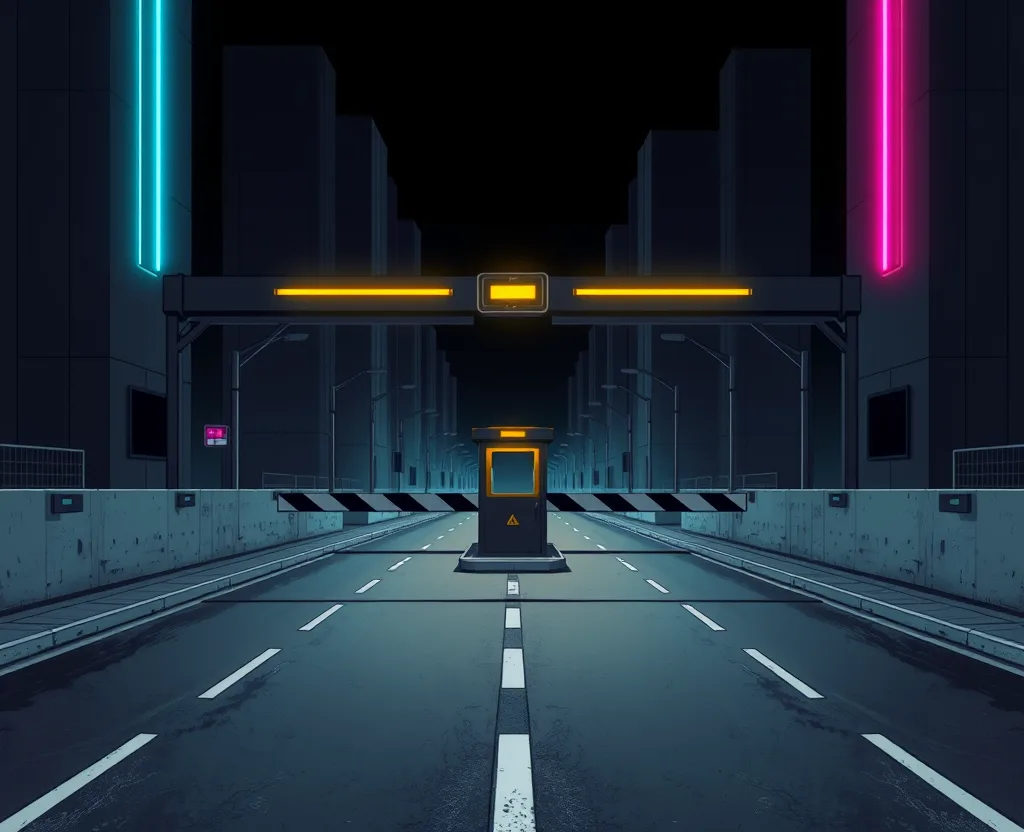 illustrazione cyberpunk in stile fumetto: un posto di blocco vuoto su una strada di notte, con due corsie divise da una barriera di cemento, una cabina di guardia con luce gialla e sbarre a strisce