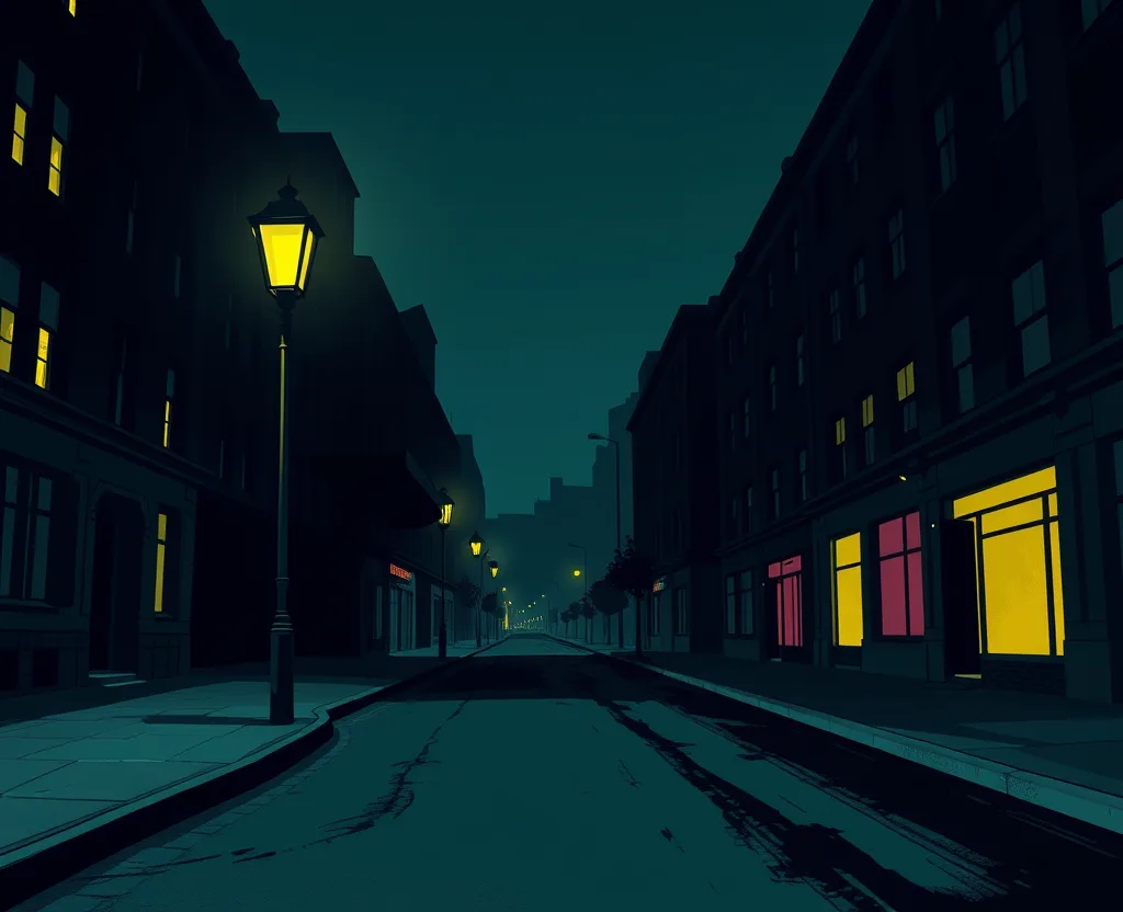 illustrazione cyberpunk in stile fumetto: una strada cittadina vuota di notte, con lampioni gialli, finestre illuminate di giallo e magenta e palazzi scuri ai lati