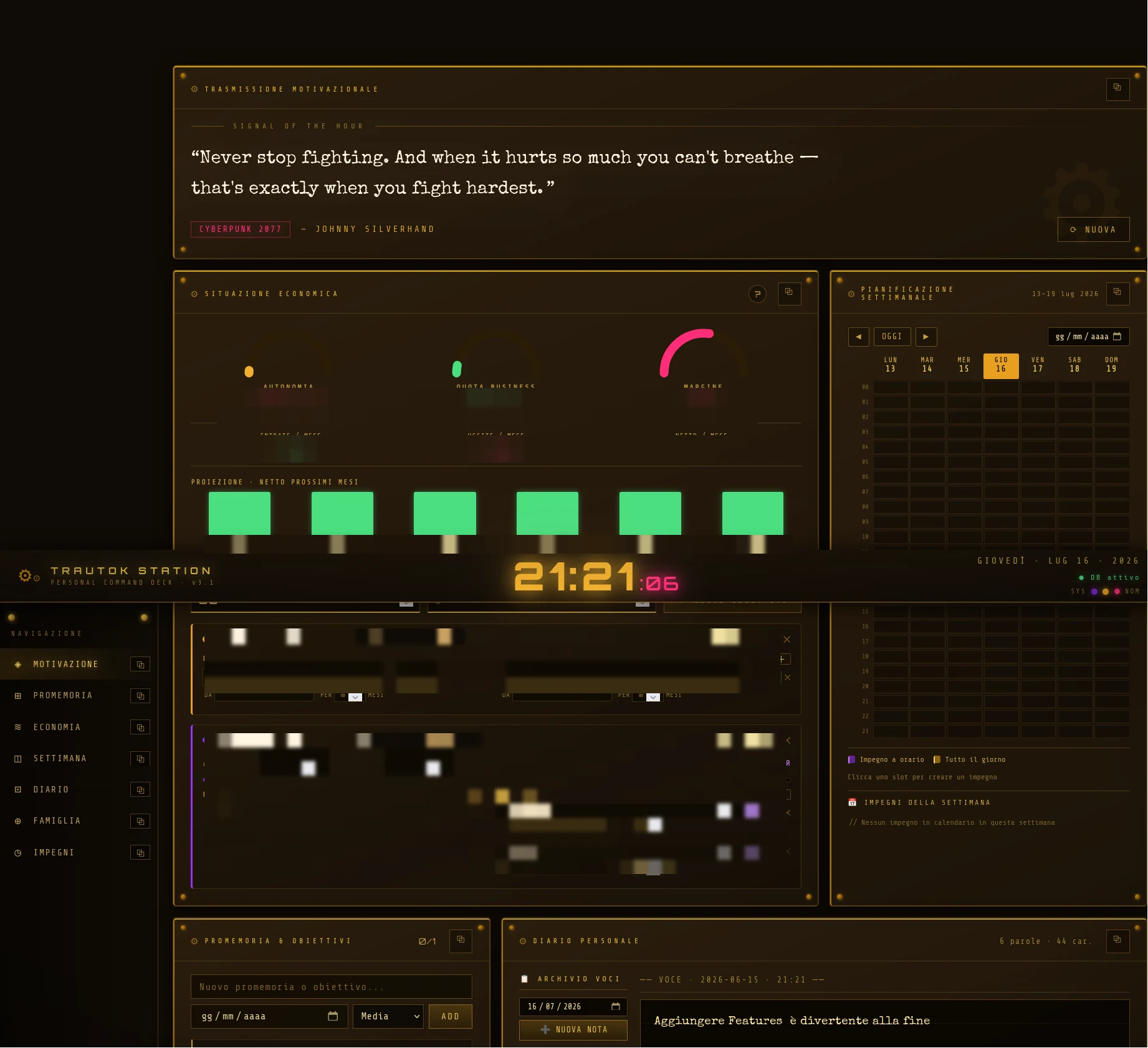 La dashboard TRAUTOK STATION: pannello motivazionale, situazione economica, pianificazione settimanale, diario