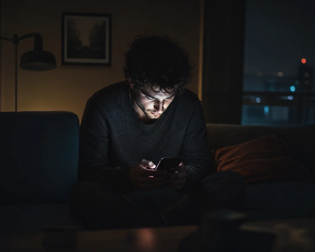 un uomo dal solo in semioscurità col cellulare in mano, dark room