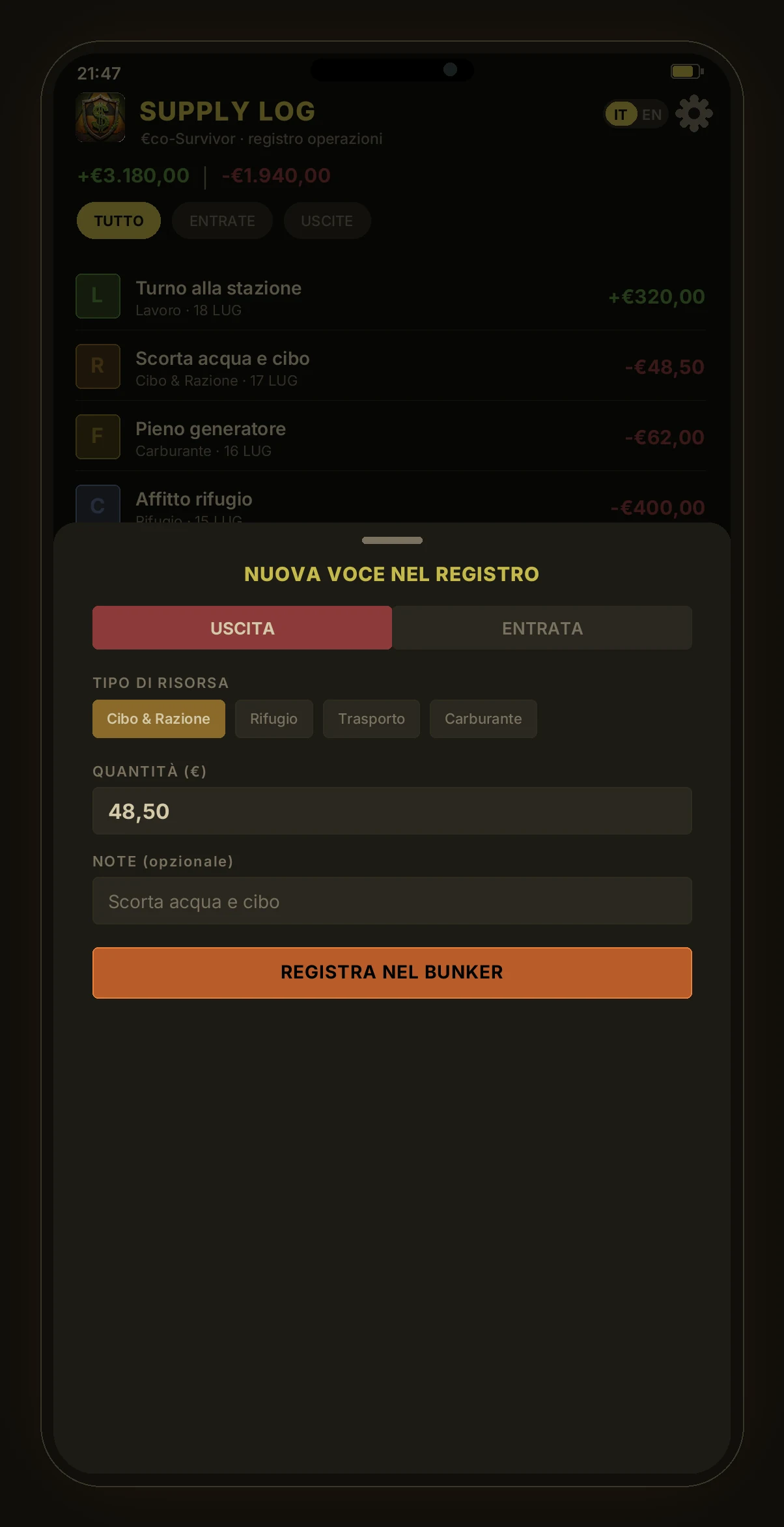 Schermata Supply Log di €co-Survivor con i filtri Tutto/Entrate/Uscite e la lista delle transazioni, sopra cui compare la modale Nuova voce nel registro: selettore Uscita/Entrata, chip delle categorie, campo Quantit&agrave; con 48,50 euro, campo Note e il pulsante Registra nel bunker