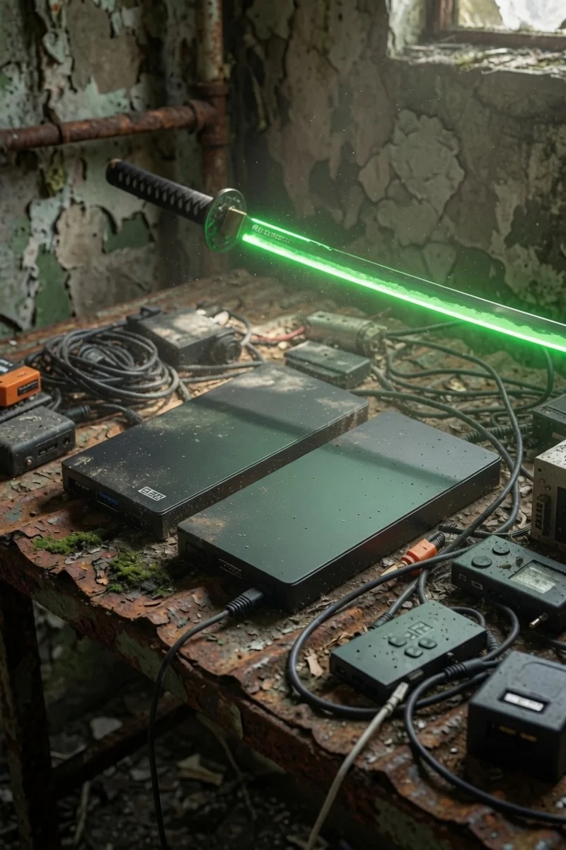 katana col filo luminoso, due hard disk in una stanza off-grid survival