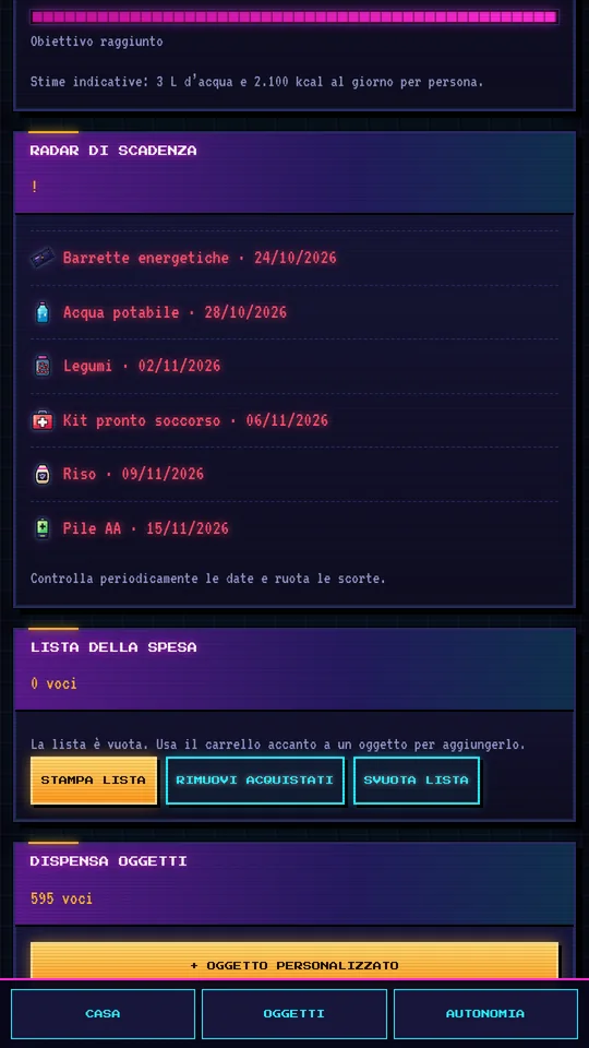 Schermata del radar di scadenza di Item90 con l'elenco ordinato per data di barrette energetiche, acqua potabile, legumi, kit pronto soccorso, riso e pile