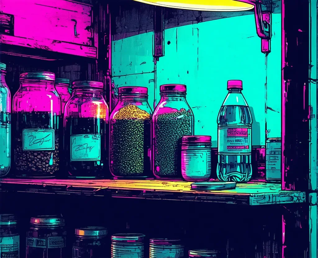 illustrazione cyberpunk in stile fumetto: uno scaffale di legno scuro in una dispensa con barattoli di vetro etichettati, una bottiglia d'acqua e scatolette, illuminato da una lampada gialla e da riflessi magenta e ciano