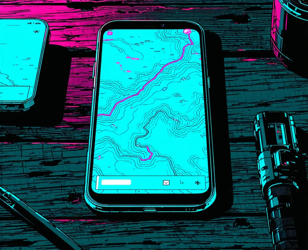 illustrazione cyberpunk in stile fumetto: uno smartphone appoggiato su un banco di legno scuro mostra una mappa topografica magenta e ciano con curve di livello e un percorso, senza tacche di segnale