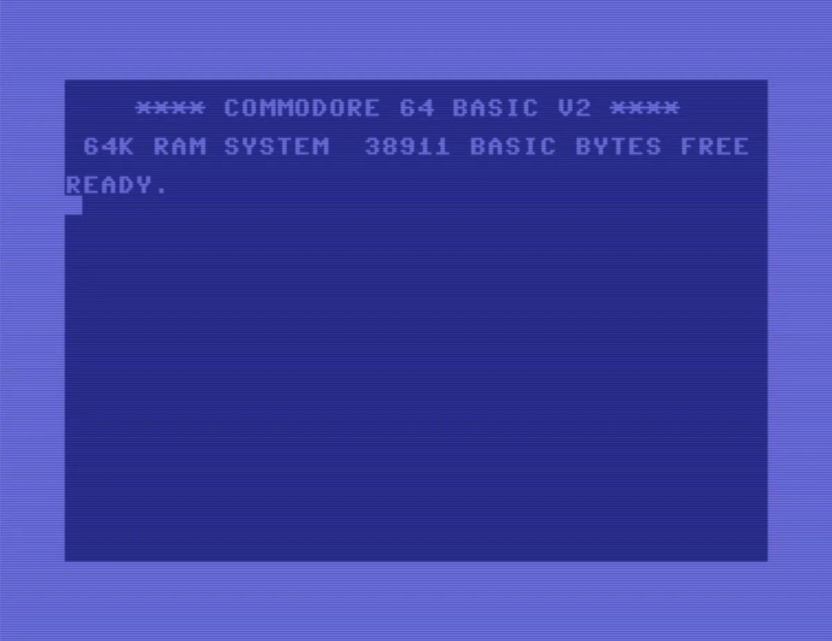Schermata di avvio di un Commodore 64: su sfondo blu le scritte «**** COMMODORE 64 BASIC V2 ****» e «64K RAM SYSTEM 38911 BASIC BYTES FREE», poi il prompt READY. con il cursore che lampeggia