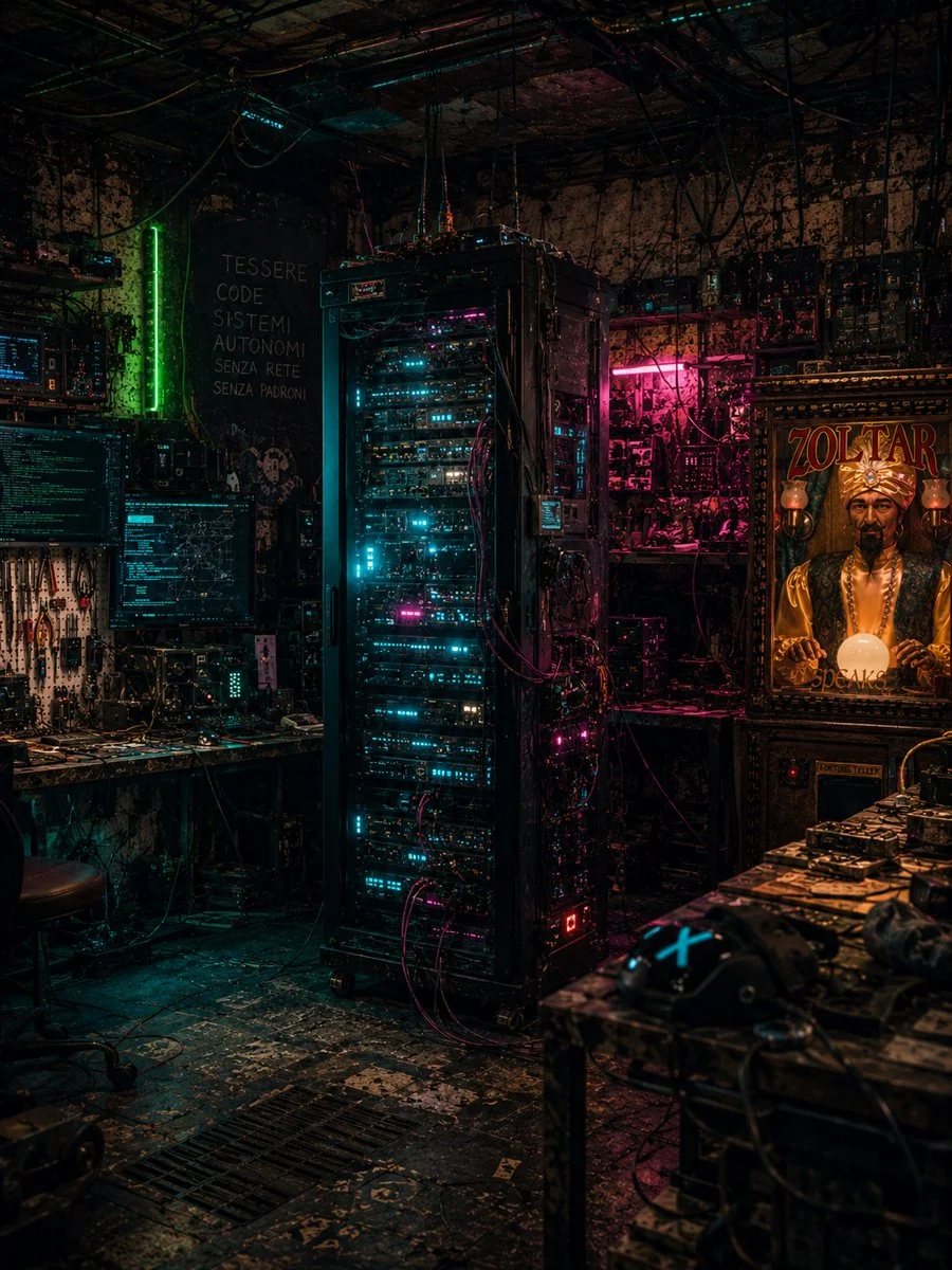Un rack di server acceso di luci ciano e magenta al centro di un'officina cyberpunk in penombra, tra monitor pieni di codice, banchi di attrezzi e l'insegna di Zoltar; sul muro la scritta 'tessere code, sistemi autonomi, senza rete, senza padroni'