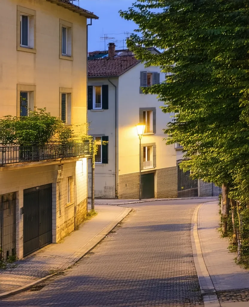 vicolo di quartiere italiano al tramonto, case con finestre illuminate di luce calda, lampione acceso, strada acciottolata deserta