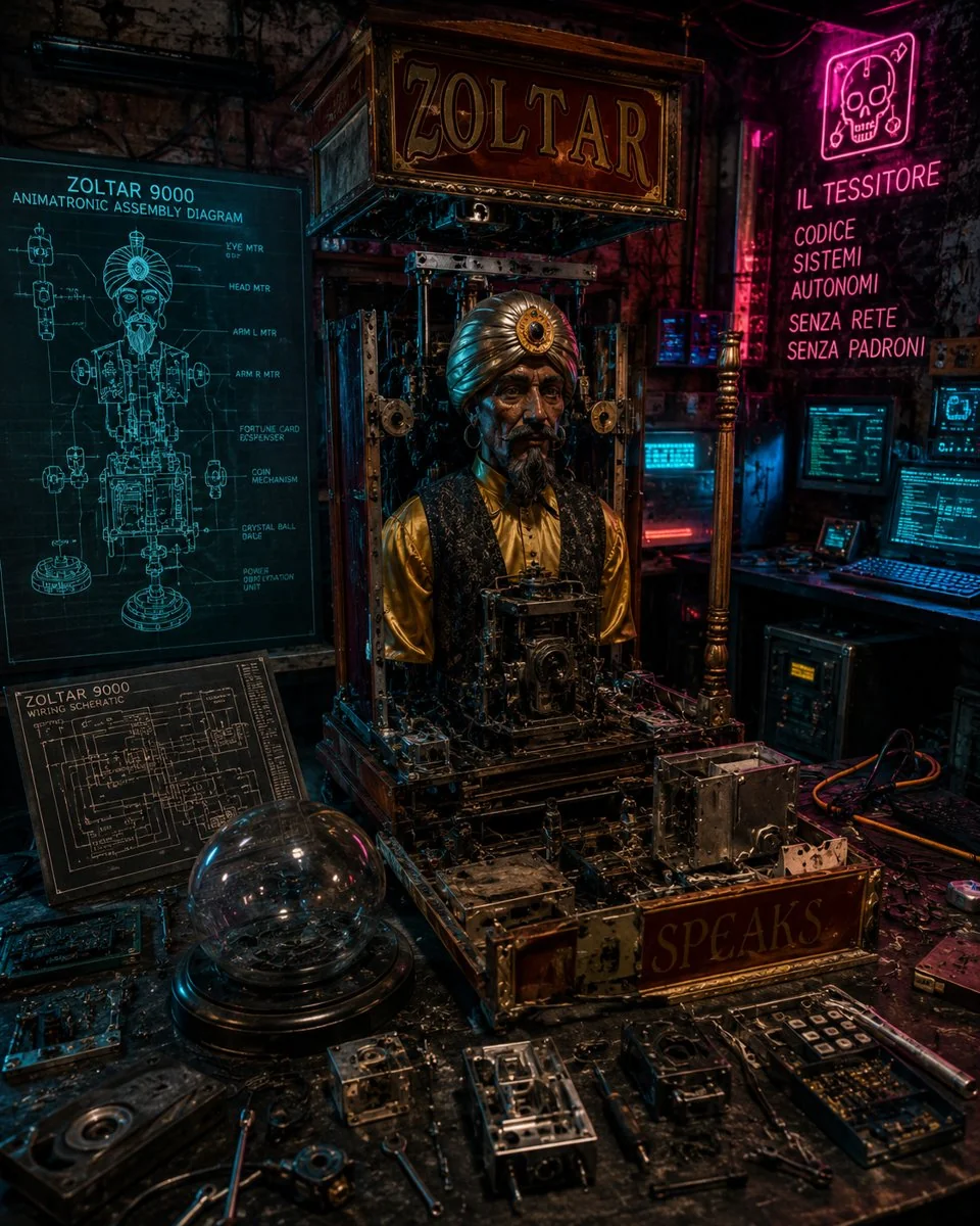 Il banco di lavoro di Zoltar: il busto animatronico con il turbante dentro il telaio della macchina, accanto lo schema di montaggio 'ZOLTAR 9000' in ciano su lavagna nera, lo schema elettrico, la sfera di cristallo e pezzi meccanici sparsi sul tavolo